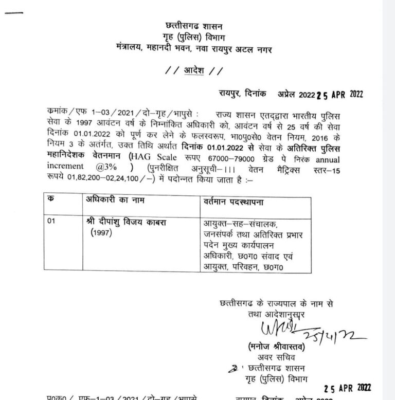 प्रमोशन ब्रेकिंग: दीपांशु काबरा, अजय यादव समेत आधा दर्जन से ज्यादा IPS हुए पदोन्नत.. देखें पूरी सूची..