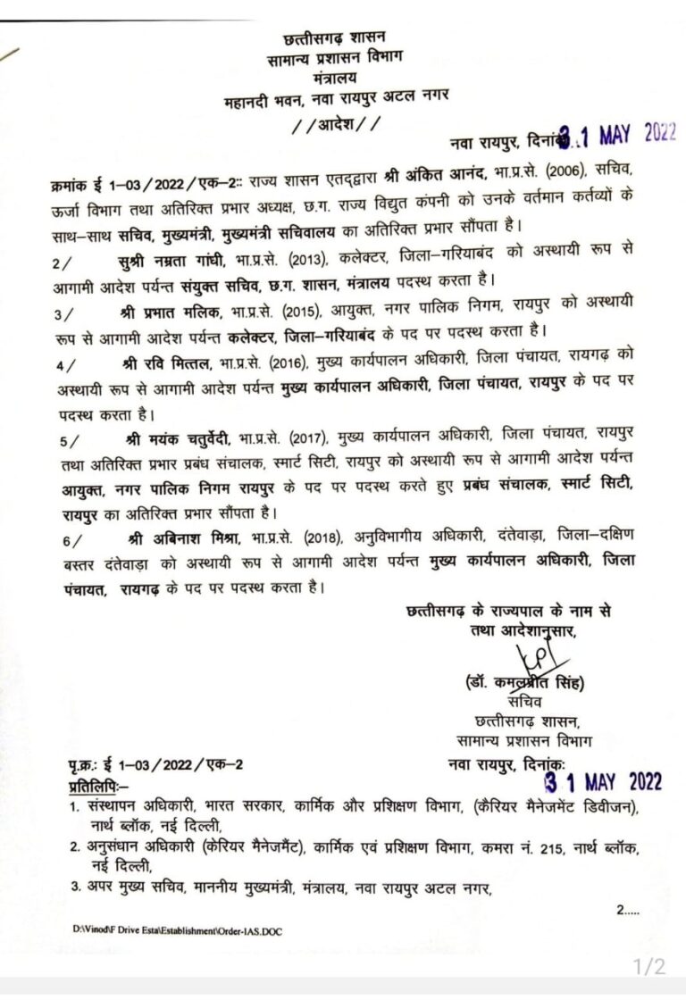 IAS ट्रांसफर ब्रेकिंग: गरियाबंद कलेक्टर, रायगढ़ सीईओ समेत आधा दर्जन भारतीय प्रशासनिक सेवा के अधिकारियों के हुए तबादले.. देखे, नवीन पदस्थापना संबंधी आदेश की कॉपी..