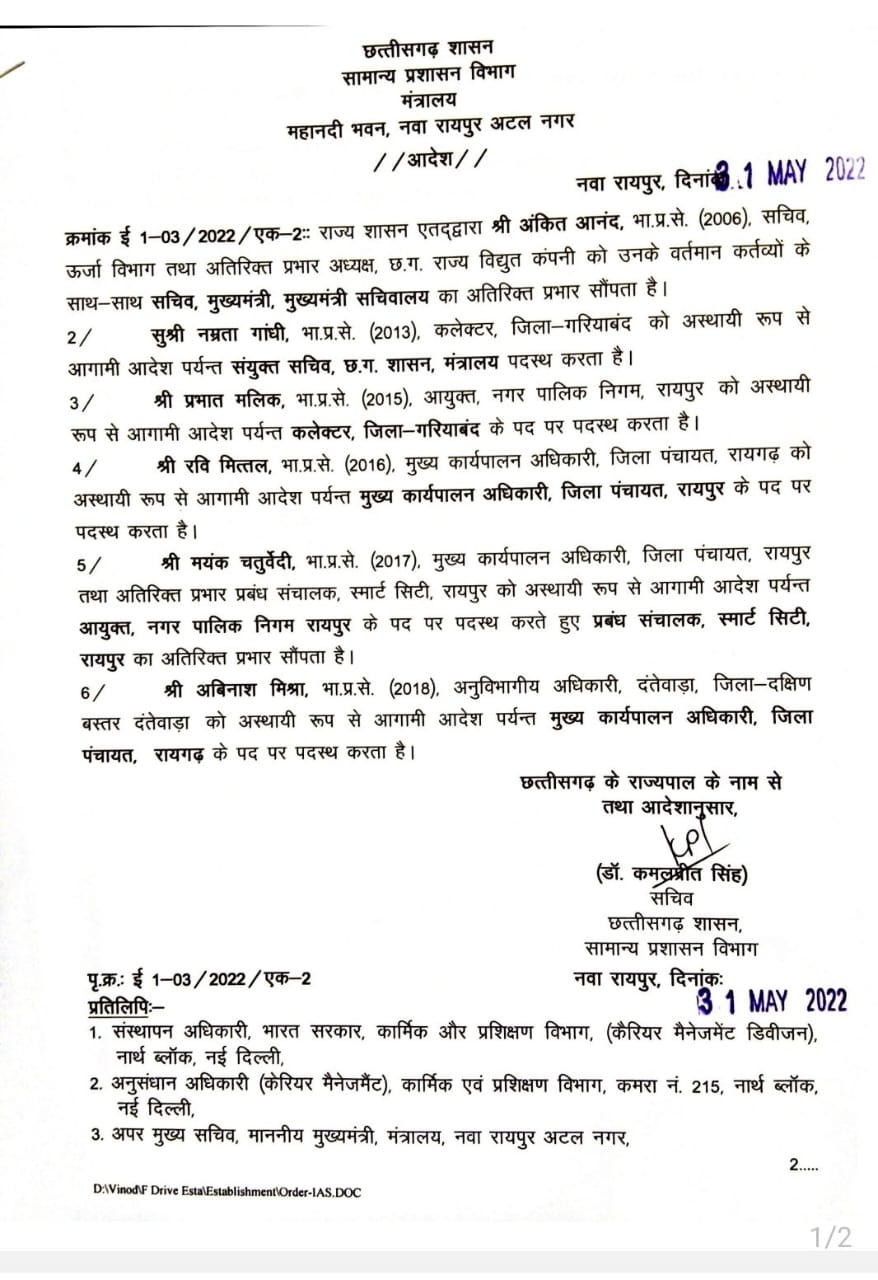IAS ट्रांसफर ब्रेकिंग: गरियाबंद कलेक्टर, रायगढ़ सीईओ समेत आधा दर्जन भारतीय प्रशासनिक सेवा के अधिकारियों के हुए तबादले.. देखे, नवीन पदस्थापना संबंधी आदेश की कॉपी..