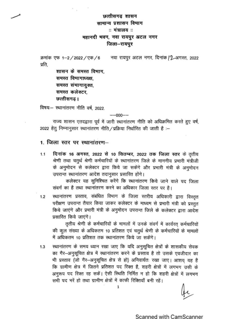 CG तबादला ब्रेकिंग : प्रदेश में इस तारीख से शुरू होंगे तबादले.. राज्य शासन ने जारी की स्थानांतरण नीति 2022.. जाने पूरा अपडेट..