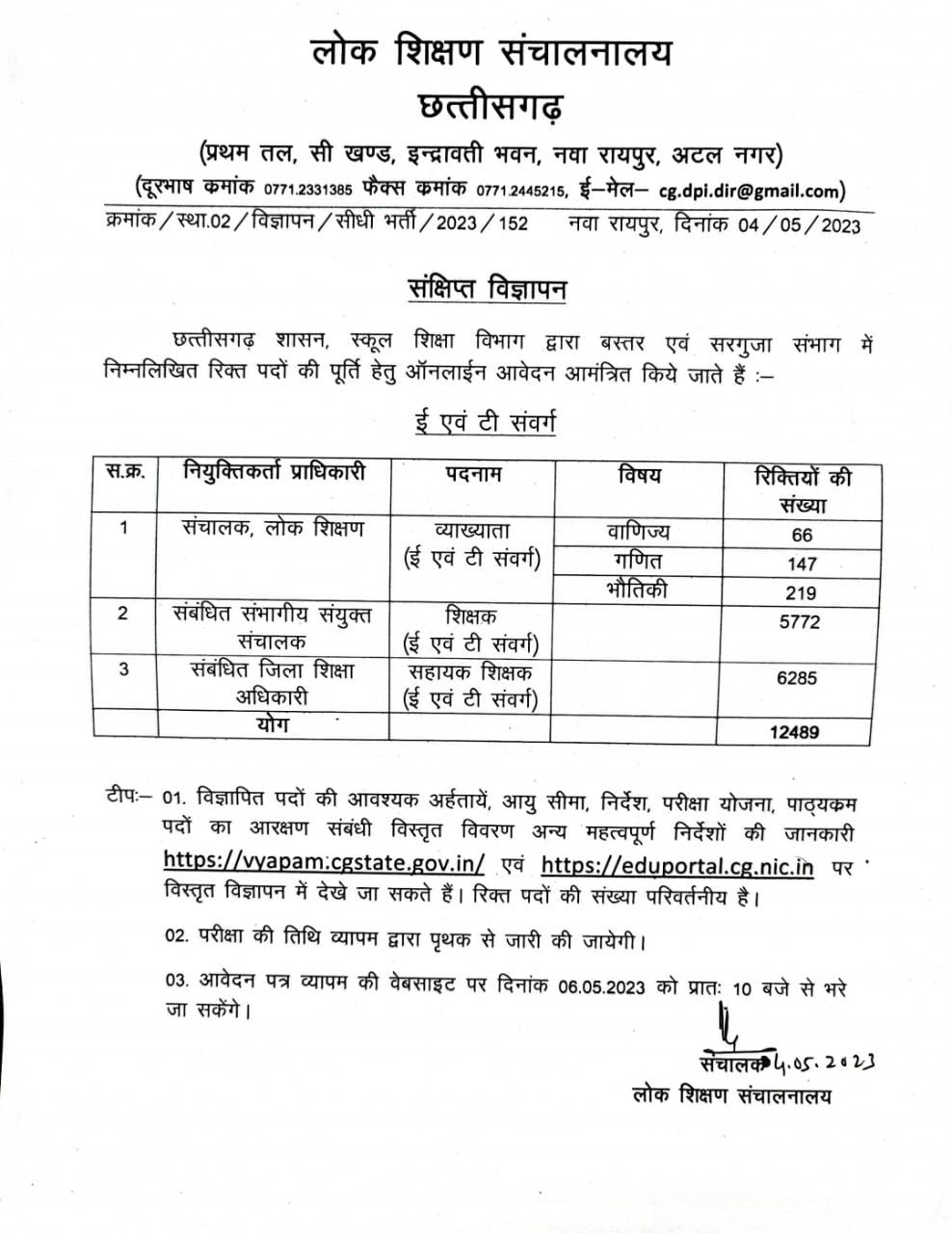 CG में 12 हजार 489 शिक्षकों की होगी सीधी भर्ती : 6,285 सहायक शिक्षक, 5,772 शिक्षक तथा 432 व्याख्याता के पदों पर होगी भर्ती.. जाने, किस विषय में कितने पद..