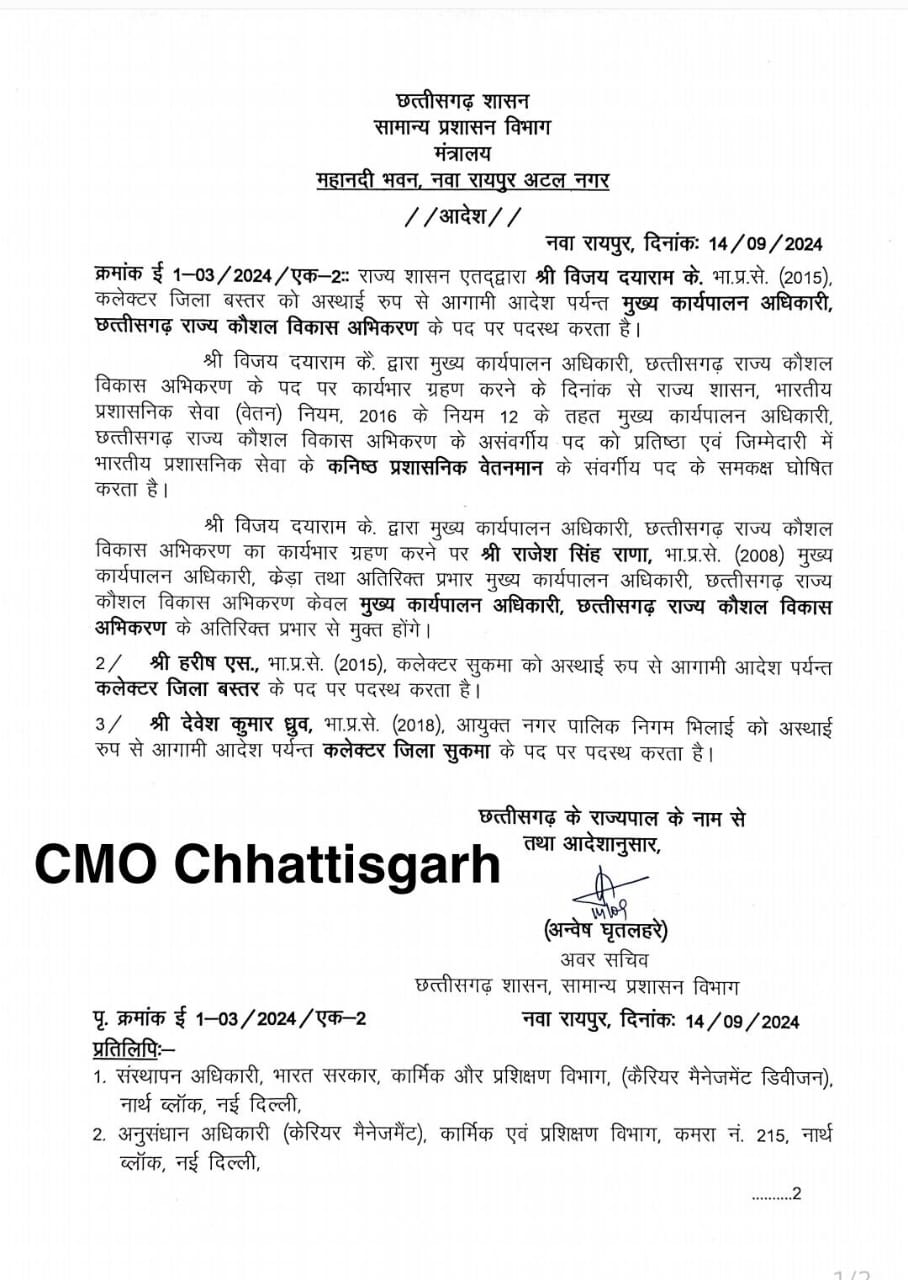 CM साय के कड़े तेवर : बस्तर कलेक्टर विजय दयाराम की सरकार ने की छुट्टी.. कलेक्टर कांफ्रेंस में ज़िले के प्रदर्शन से सीएम नाखुश थे.. अब इस आईएएस को दी गई जिम्मेदारी..