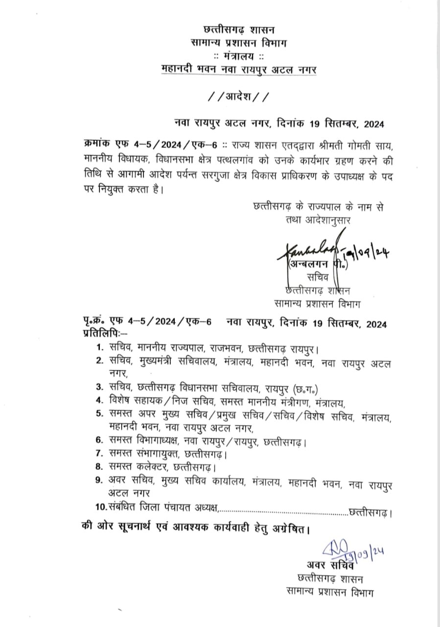 CG ब्रेकिंग : लता बस्तर तो गोमती बनी सरगुजा विकास प्राधिकरण की उपाध्यक्ष, अनुसूचित जाति व पिछड़ा वर्ग विकास प्राधिकरण के लिए भी घोषित किए गए नाम..  देखें सूची..