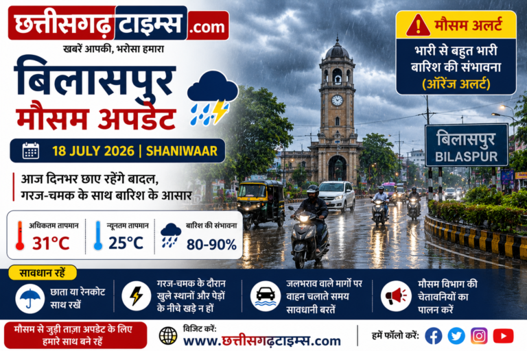 बिलासपुर मौसम अपडेट (18 जुलाई 2026): आज दिनभर छाए रहेंगे बादल, गरज-चमक के साथ बारिश के आसार; IMD का अलर्ट जारी